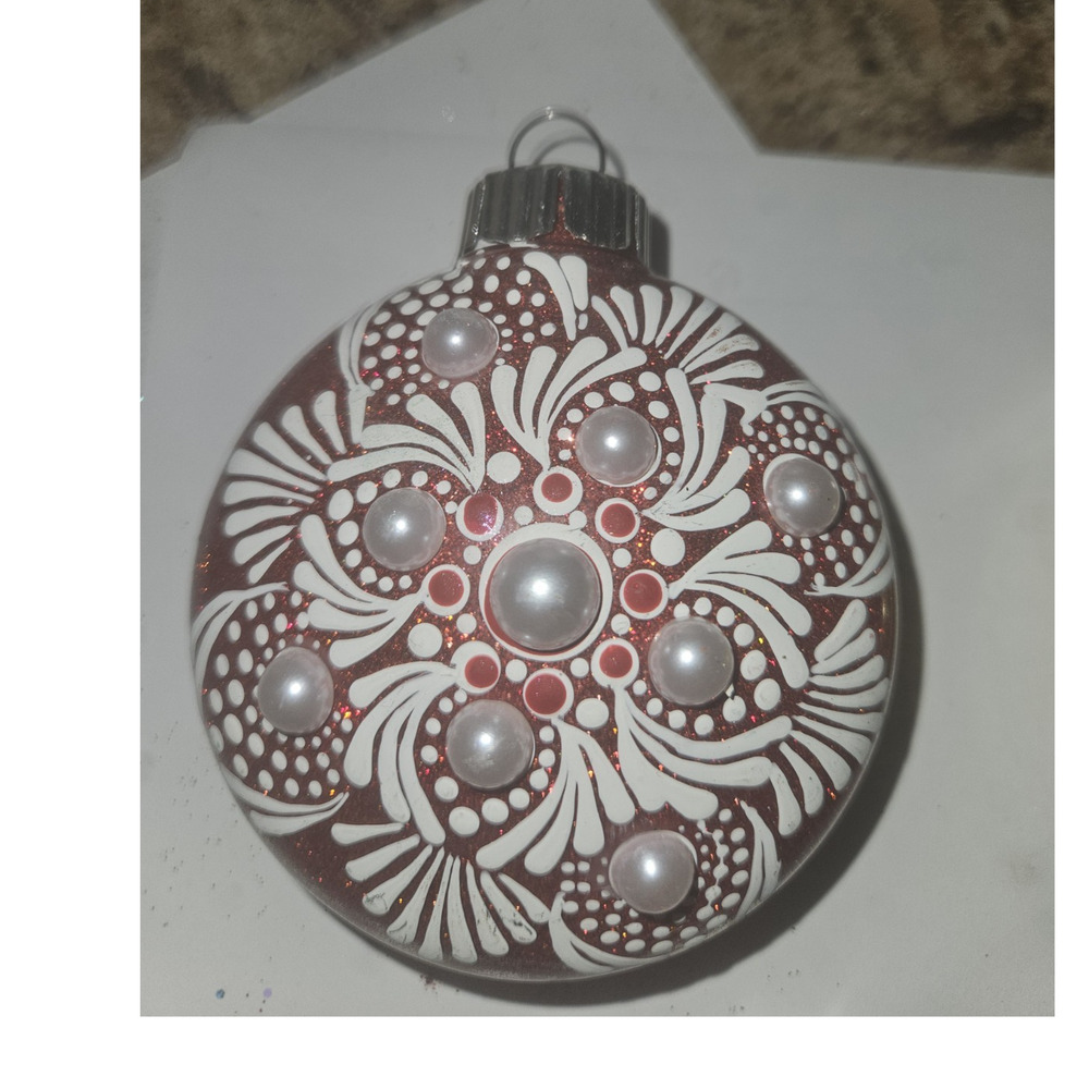 Hand Painted Red Pearl Christmas Ornament Mandala Style 3" Shatterproof - Picture 2 of 2
